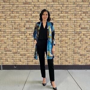 Creation Abstract Print Open Front Cardigan Blue Yellow Sheer Lightweight Size S